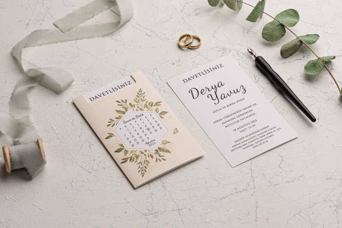 Invitatie de nunta crem / bej cu frunze si calendar - cod 9172 [2]