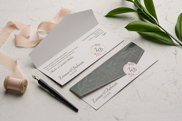Invitatie de nunta verde cu model de frunze si decupaj auriu - cod 9177 [2]