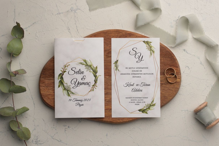 Invitatie de nunta alba cu frunze si model auriu - cod 9182 [2]