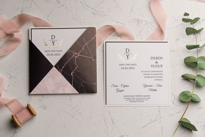 Invitatie de nunta eleganta maro si roz cu model de tip marmura si auriu - cod 9184 [2]