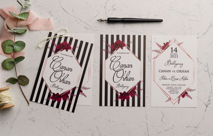 Invitatie de nunta alb negru cu flori si snur - cod 9185 [2]