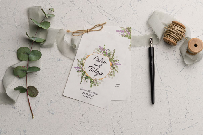 Invitatie de nunta alba cu frunze si flori mov - cod 9186 [1]