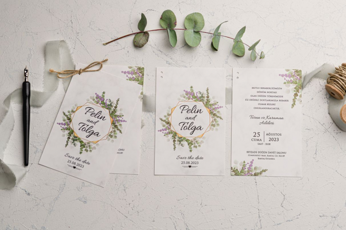 Invitatie de nunta alba cu frunze si flori mov - cod 9186 [2]