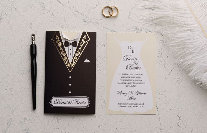 Invitatie de nunta tip mire si mireasa cu model auriu - cod 9195 [2]