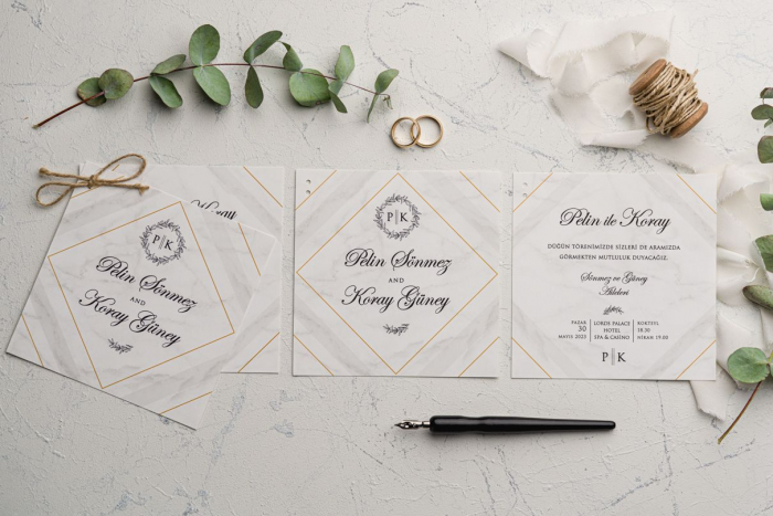 Invitatie de nunta eleganta alba cu auriu si frunze - cod 9201 [2]