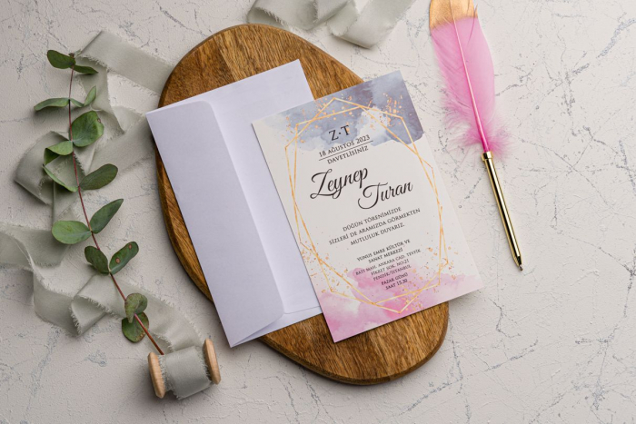 Invitatie de nunta delicata roz cu albastru si model auriu - cod 9203 [2]