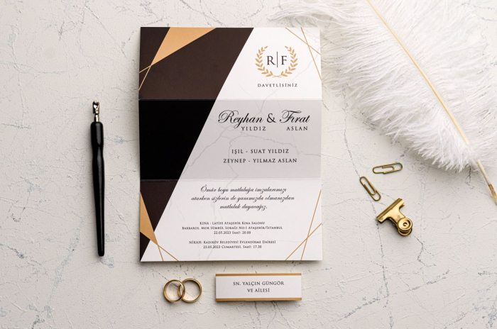 Invitatie de nunta eleganta cu model crem / bej si negru - cod 9208 [2]