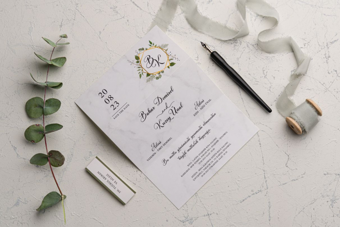 Invitatie de nunta eleganta alba cu frunze si inel de hartie - cod 9209 [2]