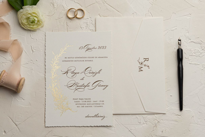 Invitatie de nunta eleganta crem / bej cu model de flori - cod 9229 [2]