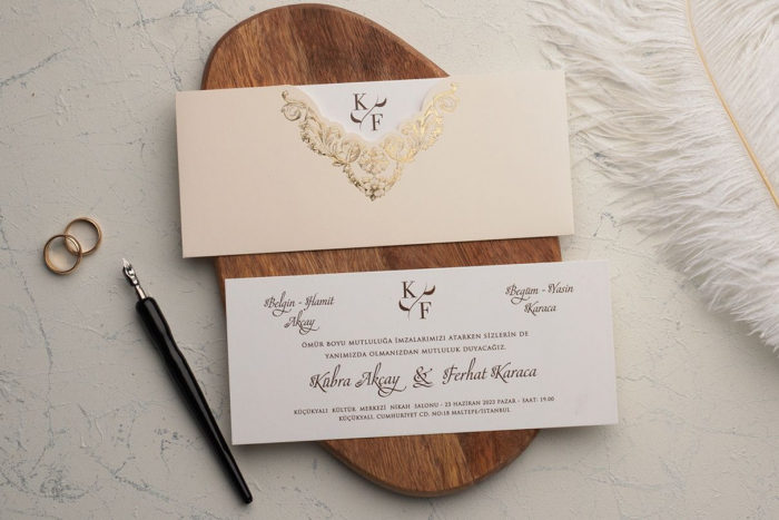 Invitatie de nunta delicata crem / bej cu model auriu - cod 9237 [2]
