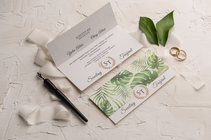 Invitatie de nunta alba cu frunze si decupaj auriu - 9246 [2]