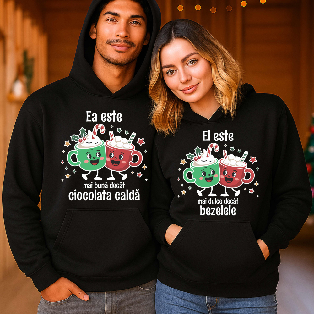 Set 2 Hanorace cuplu personalizate Craciun - Mai buna decat ciocolata mai dulce decat bezelele [1]