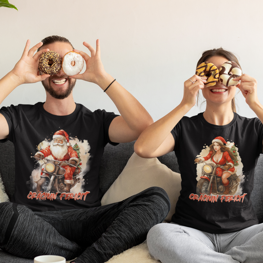 Set 2 Tricouri Cuplu Personalizate - Craciun fericit! Cuplu cool pe motor [2]
