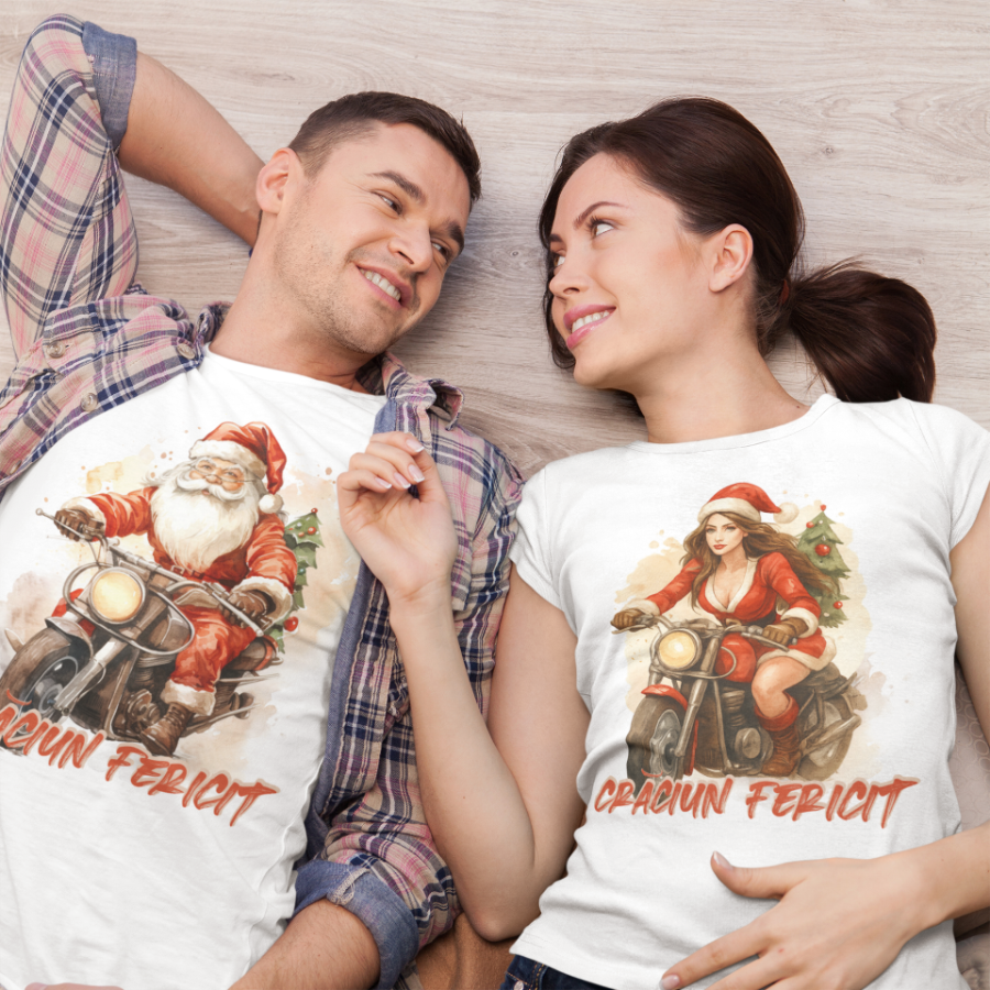 Set 2 Tricouri Cuplu Personalizate - Craciun fericit! Cuplu cool pe motor [1]