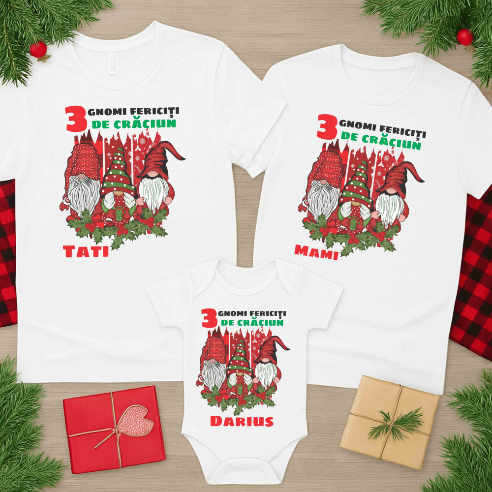 Set 3 Tricouri Personalizate si Body - 3 gnomi fericiti de Craciun cu nume bebe [1]