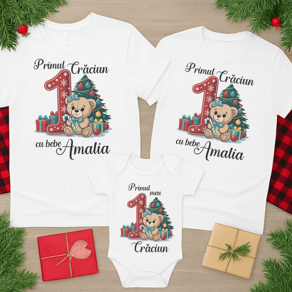 Set 3 Tricouri Personalizate si Body - Primul Craciun cu bebe fetita nume [1]