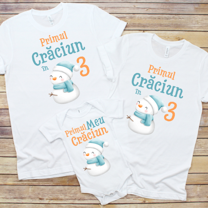 Set 3 Tricouri Personalizate si Body Craciun - Primul Craciun in 3 om de zapada   [1]