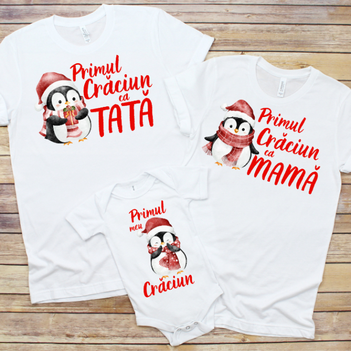Set 3 Tricouri Personalizate si Body Craciun - Primul Craciun Pinguini   [1]
