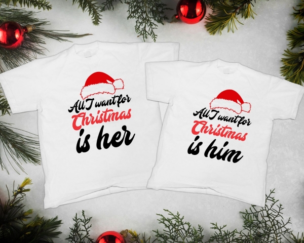 Tricouri Cuplu Personalizate - All I want for Christmas Is Him/Her [2]