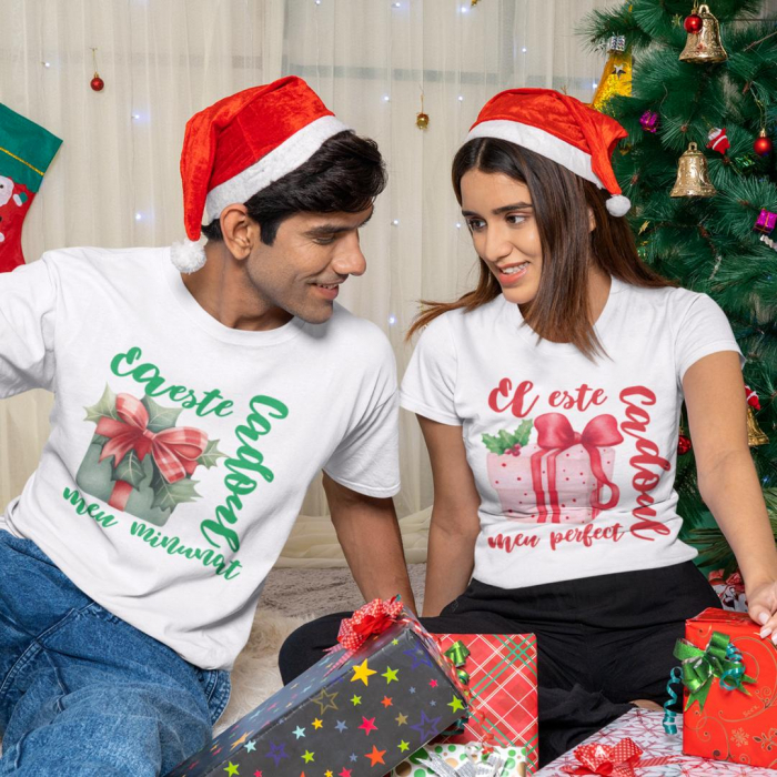 Set 2 Tricouri Craciun Personalizate - El este cadoul meu perfect  Ea este cadoul meu minunat   [1]