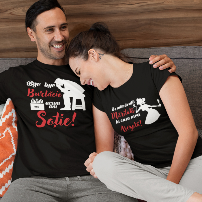Set 2 Tricouri Cuplu Personalizate - Bye Bye Burlacie de acum am Sotie   [2]