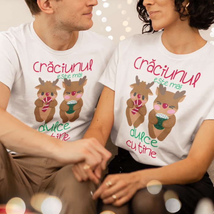 Set 2 Tricouri Cuplu Personalizate Craciun - Craciunul este mai dulce cu tine reni   [1]