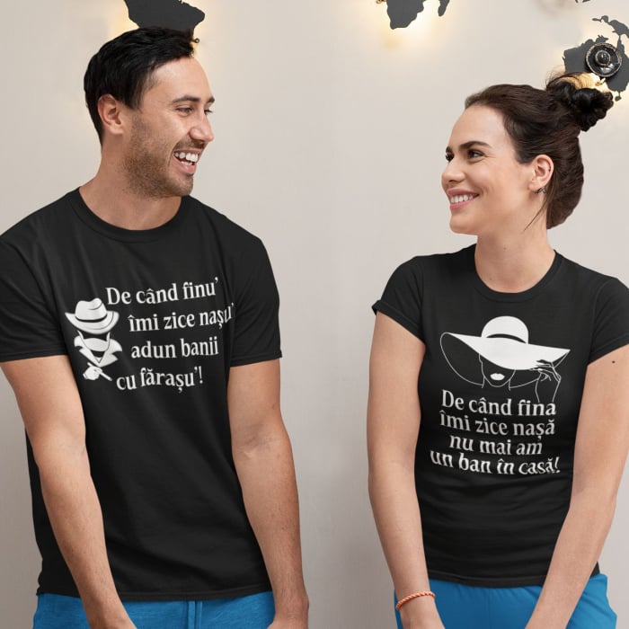 Set 2 Tricouri Cuplu Personalizate - De cand finu-mi zice nasu/ De cand fina-mi zice nasa   [2]