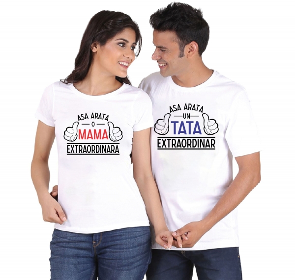 Set 2 Tricouri Cuplu Personalizate - Asa Arata O Mama/ Un Tata Extraordinar   [2]