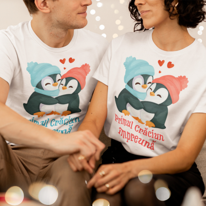 Set 2 Tricouri Cuplu Personalizate - Primul Craciun Impreuna pinguini   [2]