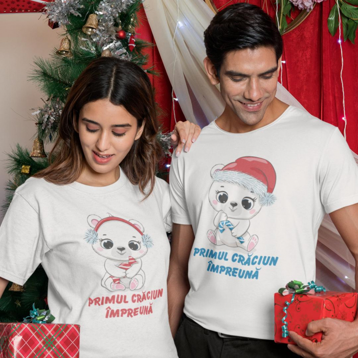 Set 2 Tricouri Cuplu Personalizate - Primul Craciun Impreuna ursuleti cu acadele   [2]
