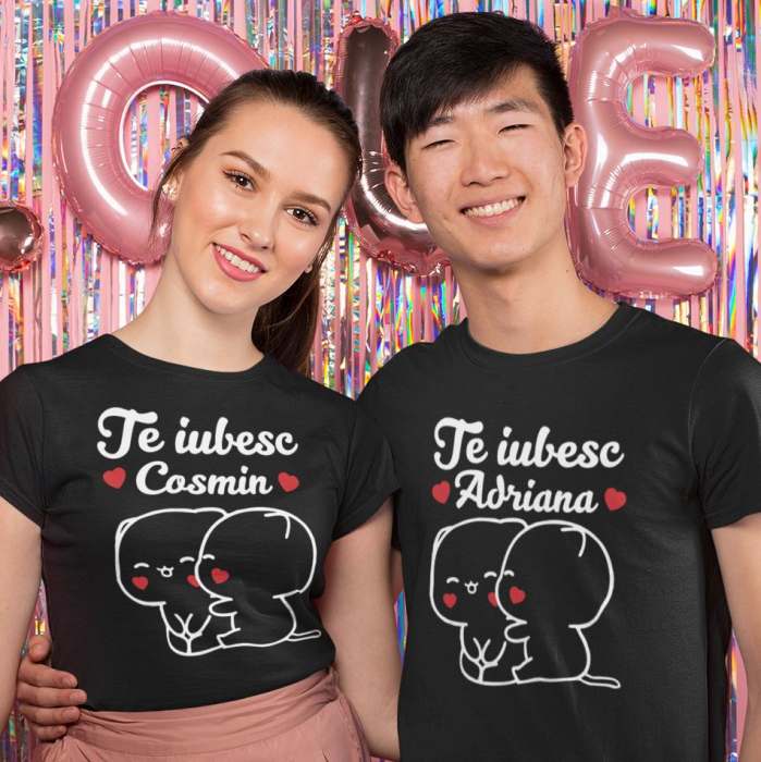 Set 2 Tricouri Cuplu Personalizate - Te Iubesc Cu Nume Pisicute   [2]