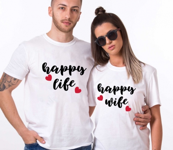 Set 2 Tricouri Cuplu Personalizate - Happy wife happy life   [2]