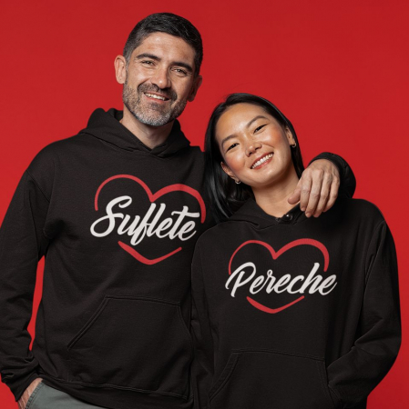 Cadouri de Valentine's Day - Set 2 Hanorace cuplu personalizate - Suflete Pereche Inima