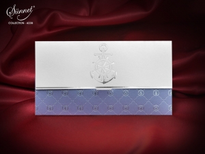 Nunta - Invitatie de botez eleganta albastru cu alb si model de marinar - cod 6234