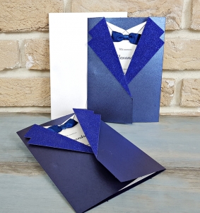 Nunta - Invitatie de botez eleganta albastra cu sclipici si funda - cod 6195