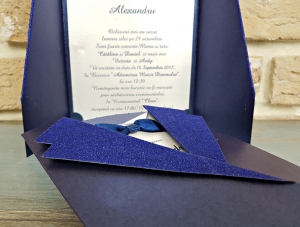 Invitatie de botez eleganta albastra cu sclipici si funda - cod 6195 [2]
