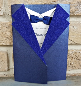 Invitatie de botez eleganta albastra cu sclipici si funda - cod 6195 [1]