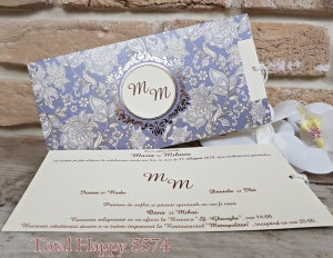 Nunta - Invitatie de botez vintage albastra cu frunze si flori - cod 5574