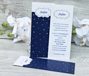 Nunta - Invitatie de botez eleganta alba cu albastru cod - 6224
