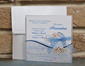 Invitatie de botez amuzanta bebe carucior albastru - cod 8022 [1]