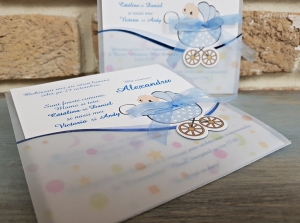 Invitatie de botez amuzanta bebe carucior albastru - cod 8022 [2]