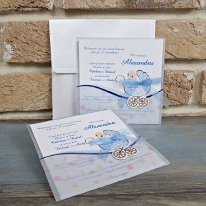 Nunta - Invitatie de botez amuzanta bebe carucior albastru - cod 8022