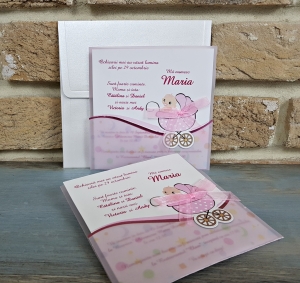 Nunta - Invitatie de botez amuzanta bebe carucior roz - cod 8021