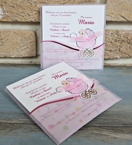 Invitatie de botez amuzanta bebe carucior roz - cod 8021 [2]