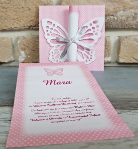 Invitatie de botez eleganta roz fluture cu funda - cod 8031 [2]