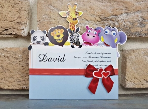 Nunta - Invitatie de botez amuzanta cu animale si funda - cod 8034