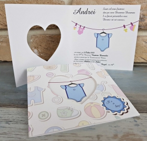 Invitatie de botez amuzanta albastra cu body de bebe - cod 8035 [1]