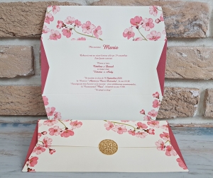 Nunta - Invitatie de botez delicata crem / bej cu model roz si flori - 2673