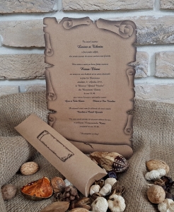Nunta - Invitatie de botez vintage maro de tip pergament - cod 2468