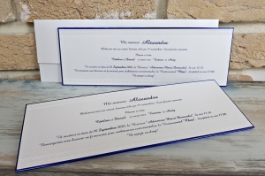 Nunta - Invitatie de botez de lux alba cu model albastru - cod 6186